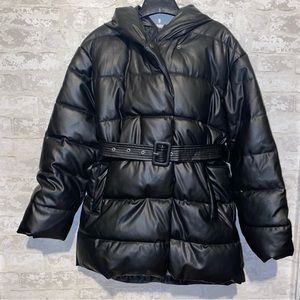 Black faux leather puffer coat